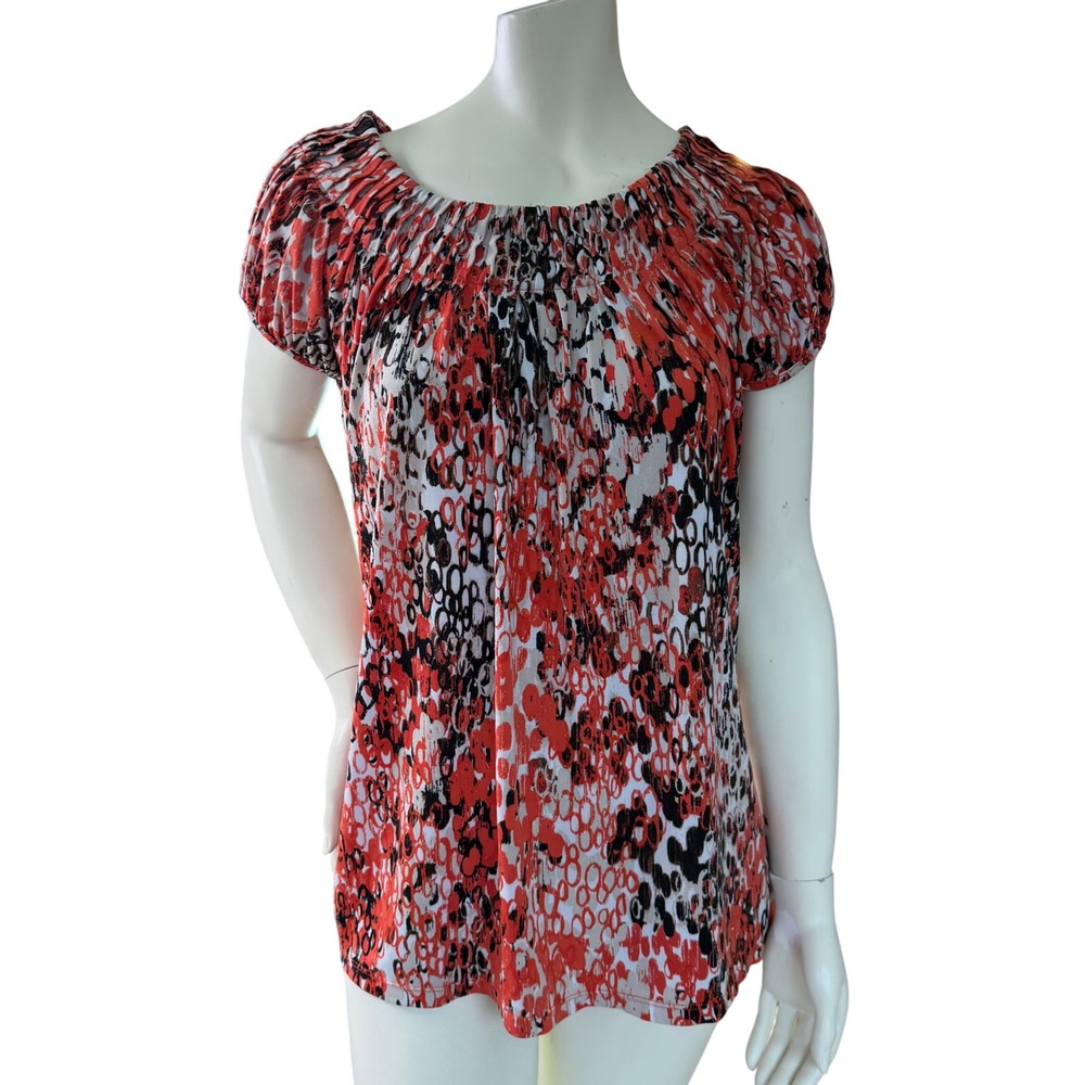 Style & Co Blouse ‎ Y2K Style Abstract Print Smocked Cap Sleeve Mob Wife Twee M